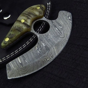 Handmade Custom 8-Inch Damascus Steel Pizza Cutter Carbon Steel <b>Kitchen</b> <b>Knife</b> with Leather Sheath. - Product Image 4