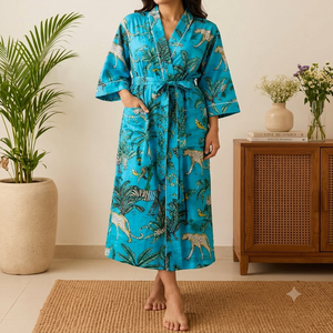 Bata de baño estilo kimono boho safari para mujer, 100% algodón, estampada a mano, maxi vestido, ropa de playa térmica de verano tejida - Product Image 1
