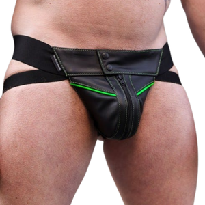 Jockstrap de Cuero para Hombre, Estilo Deportivo, con Ribete Verde Lima, Ropa Interior Fetiche de Cuero Premium, Tirantes Ajustables - Product Image 4
