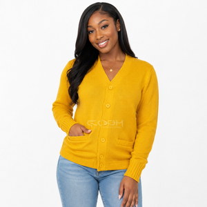 Cardigan en laine tricoté pour femme, col en V, couleur jaune unie, de la sororité Cosh International Sisterhood. - Product Image 1
