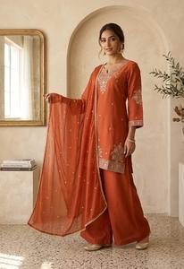 Conjunto de Salwar Kameez bordado naranja, vestido pakistaní para mujer con chal, cuello en V, traje para fiesta y boda - Product Image 4