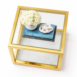 Table d'appoint carrée moderne en acier inoxydable doré de luxe avec double étagère en verre pour salon - Product Image 2