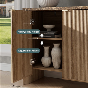 Meuble d'appoint moderne en bois à lattes de style nordique, avec dessus en faux marbre, armoire à chaussures à 2 portes, console minimaliste pour salon - Product Image 6