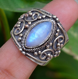 Bague en pierre de lune marquise, argent sterling 925, pierre de lune arc-en-ciel naturelle, bijoux de mariage - Product Image 3