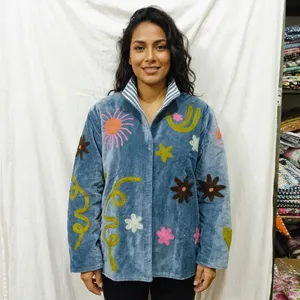 Rajasthani Textile Eco-Friendly Floral <b>Pattern</b> Velvet Cotton Bomber <b>Jacket</b> Sheep Skin Trim Embroidered Regular Sleeves Cotton - Product Image 3