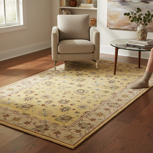 Tapis traditionnel à accents floraux en laine et soie noué à la main, beige chaud, à poils ras, 10' x 14' - Product Image 1