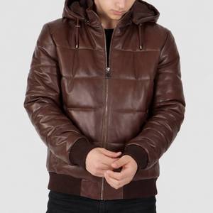 Veste matelassée à capuche marron pour homme avec fermeture éclair en cuir - Veste en cuir marron - Product Image 2