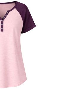T-shirt pour femme rose poudré et violet prune, col Henley, manches courtes raglan, en coton doux, coupe décontractée ample, respirant, idéal pour l'été - Product Image 5