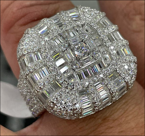 Bague de cocktail géométrique avec diamants taille émeraude sertis pavé, plaqué rhodium, argent 925, bijoux de mariage pour femme - Product Image 2