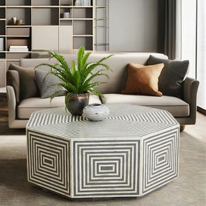 Lujosa mesa de centro con incrustaciones de hueso blanco hecha a mano con elegante patrón geométrico Diseño minimalista Fusión de arte - Product Image 2