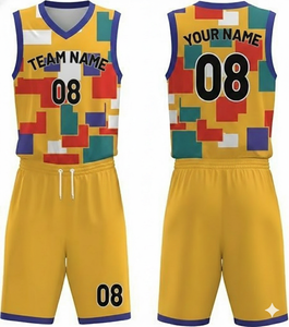 Ensemble de maillots de basket-ball sublimés personnalisés, couleur jaune, col en V, sans manches, séchage rapide, vêtements unisexes pour adultes - Product Image 5