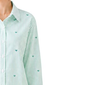 Chemisier en coton vert menthe et blanc rayé pour femme, à manches longues, boutonné, avec broderie cœur, coupe ample, style décontracté et oversize - Product Image 4