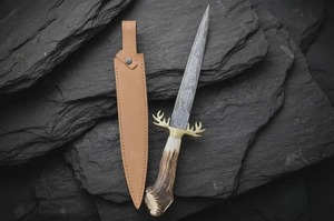 Cuchillo de caza hecho a mano de acero inoxidable con hoja fija, punta de lanza, guardacuchillo de latón, 12 pulgadas de longitud total - Product Image 3