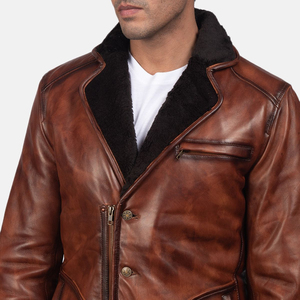 Veste en cuir marron pour homme avec boutons recouverts de fourrure et demi-zip, col rabattu en fourrure, meilleure veste en cuir pour homme - Product Image 6