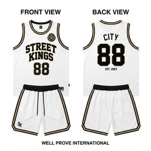 Ensemble d'uniformes de basketball unisexe personnalisés en maille polyester marine et or, 180 GSM, respirant, avec impression numérique par transfert thermique et bordure rayée - Product Image 6
