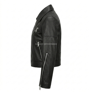 Chaqueta de Cuero Negra Personalizada para Hombre, Estilo Motero, Ajustada, de Piel de Oveja Auténtica, con Cremallera Asimétrica, Proveedor de Abrigos para Motociclistas - Product Image 5