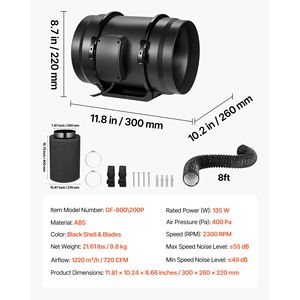 Kit di filtrazione dell'aria da 8 pollici 180 CFM con ventola in linea, regolatore di velocità e filtro a carboni attivi per sistemi di ventilazione e aspirazione - Product Image 2