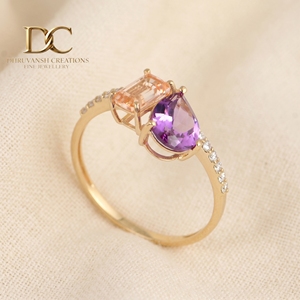 Bague en or massif 14 carats avec diamant de laboratoire, morganite et alexandrite de laboratoire, bijoux de luxe pour femmes, certifiés IGI - Product Image 2