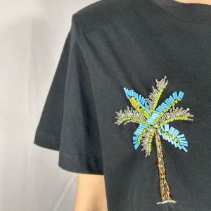 Camiseta de Algodón con Bordado de Cuentas de Palmera, Aplique de Cuentas Hecho a Mano, Manga Corta Negra, Ropa Casual de Verano - Product Image 1