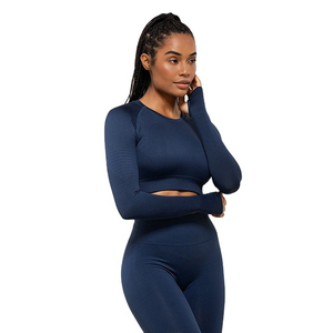 Ensemble de yoga 2 pièces bleu marine uni pour femme, haut court à col rond et manches longues, leggings taille haute sans couture, séchage rapide, logo personnalisé - Product Image 5