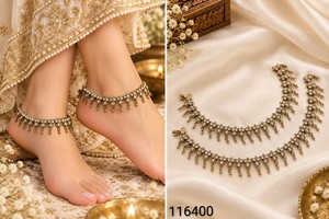 Joyería al por mayor: Conjunto de tobillera Payal nupcial chapada en oro con piedra Kundan verde tradicional y detalles de perlas para mujer - Product Image 3