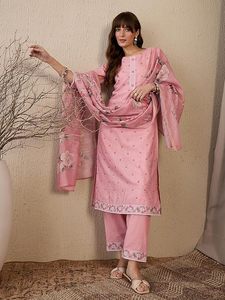Women's <b>Linen</b> Embroidered Straight Kurta and Pant with Dupatta Set - Product Image 1
