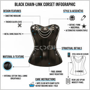 Custom OEM Black Shiny Vinyl <b>PVC</b> Overbust <b>Corset</b> Bustier with Silver Chain Front – Heavy Duty Waist Training <b>Corset</b> for Women - Product Image 5