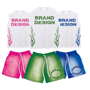 Men's Custom Two-Piece Set Breathable Cotton Acid <b>Wash</b> Sweat Shorts Sleeveless T-Shirt Distressed Casual Style High Elastic - Product Image 4