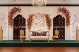 Paneles de fondo para escenario de boda árabe con acabado blanco de lujo, paneles de fondo para escenario de boda con cortinas verdes y decoración floral - Product Image 3