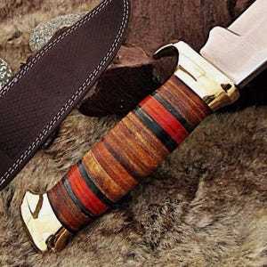 Cuchillo de caza y camping de acero de Damasco con punta caída, mango de madera, hoja recta, grado industrial, para uso exterior, OEM Short Sign Industry - Product Image 4