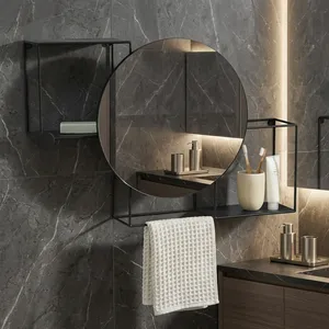 Modern Industrial <b>Bathroom</b> <b>Mirror</b> Black Metal Frame Round Vanity <b>Mirror</b> Wall Mounted Storage Shelf Towel Holder Organizer - Product Image 3