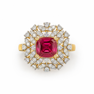 Anillo de Lujo con Gema Roja de Corte Cojín y Halo Floral de Diamantes para Mujer en Oro de 10K, 14K, 18K y Plata de Ley 925/935 - Product Image 1