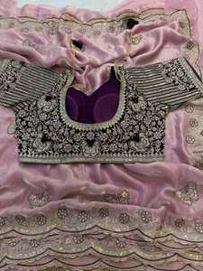 Sari de seda de diseño con hermoso trabajo de mariposas con lentejuelas en toda la prenda y el borde, con blusa con trabajo de costura. - Product Image 3