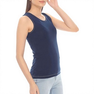 Débardeur en tricot bleu marine pour femme, col en V, décontracté, couleur unie, sans manches, longueur normale, 100% coton, séchage rapide - Product Image 2