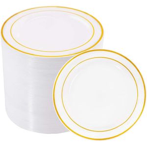 100 Platos de Plástico Dorados de 6.25 Pulgadas con Borde Dorado, Platos Desechables para Ensalada, Postre, Aperitivos, Platos Pequeños para Pastel, Premium, Resistentes - Product Image 1
