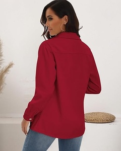 Chemise boutonnée en coton rouge pour femmes, manches trois quarts, couleur unie, col rabattu, coupe régulière, hauts de loisirs toutes saisons - Product Image 3
