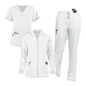 Conjunto Médico Premium Blanco para Mujer: Blusa con Cuello en V, Chaqueta con Cremallera y Pantalones. Traje Personalizable para Enfermeras y Doctoras de Hospital. - Product Image 1