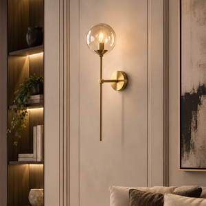 Elan Brushed Gold Tall Wand Wall Lamp Amber Glass Globe Sconce Light Fixture Nordic Elegance Design 3-Year Warranty for Bedroom - Product Image 1