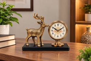 Horloge de table en métal de luxe avec finition bronze antique, figurine de cerf, horloge de bureau analogique classique pour salon, bureau, étagère - Product Image 6