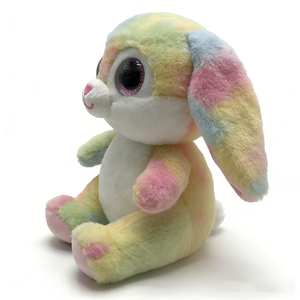 Conejito de peluche personalizado con efecto tie-dye en colores pastel, pelaje degradado multicolor, orejas interiores y almohadillas para las patas de color rosa, y hocico blanco esponjoso. - Product Image 1