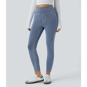 Legging en jean vintage pour femme, coupe skinny, super extensible, taille haute élastique, poches arrière, effet faux devant, style décontracté et simple - Product Image 1