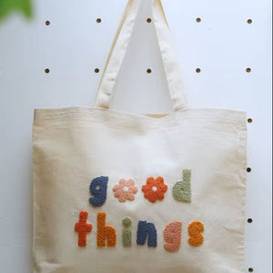 Chenille Patch Cotton Canvas <b>Tote</b> <b>Bag</b> Reusable Embroidered Shoulder Handbag <b>For</b> Women Shopping Travel <b>School</b> Beach Everyday Use - Product Image 1