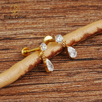 Piercing Labret en Titane sans Filetage avec Pendentif Goutte d'Eau en Zircon Cubique pour Hélix, Tragus et Cartilage