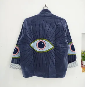Veste en velours brodée Suzani faite à la main pour femme, col montant, motif œil porte-bonheur, style bohème ethnique, mode décontractée, vêtement d'extérieur vintage - Product Image 3