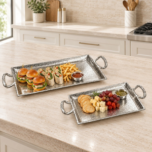 Juego de bandejas de aluminio con acabado plateado distintivo, bandejas martilladas con asas |   Bandeja de Servicio de Lujo para Mesa de Comedor, Decorativa - Product Image 2