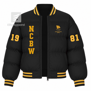 Custom NCBW Coalition Puffer jacket embroidered logo on front <b>black</b> and gold color full sleeve jacket for female - Product Image 1