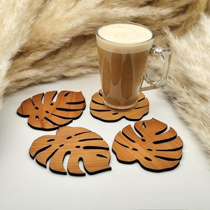 Ensemble de sous-verres en bois artisanal en forme de feuille de Monstera, sous-verres en bois naturel, protège-tables en forme de feuille tropicale pour tasses à café, mugs - Product Image 2