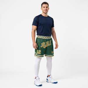 Pantalones cortos de baloncesto verdes a rayas para hombre, al por mayor, de malla, ropa deportiva retro, pantalones cortos de entrenamiento para gimnasio, uniformes sublimados, ropa superior. - Product Image 1
