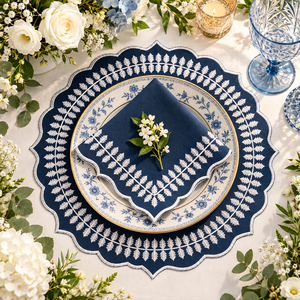 Juego de Manteles Individuales y Servilletas de Algodón Bordado con Hojas Azul Marino, Elegante Decoración Redonda Festoneada para Mesa, Ideal para Cenas Elegantes y Festividades - Product Image 2