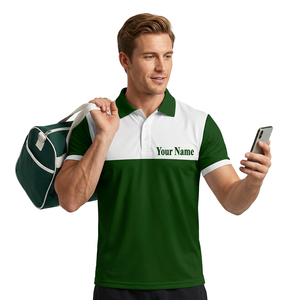 Chemise personnalisée pour homme, bicolore vert et blanc, à manches courtes, respirante, tricotée, 100 % coton, avec impression du nom sur le devant - Product Image 2